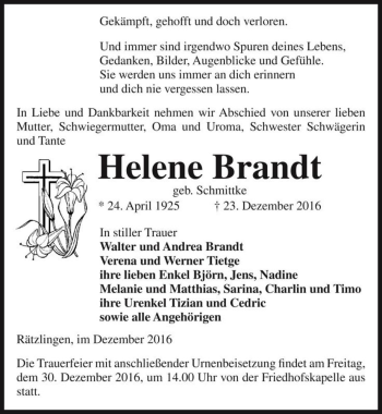 Traueranzeige von Helene Brandt (geb. Schmittke)  von Magdeburger Volksstimme