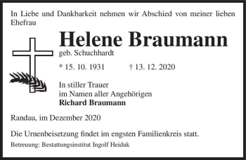 Traueranzeige von Helene Braunmann (geb. Schuchhardt)  von Magdeburger Volksstimme