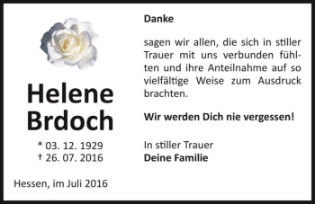 Traueranzeige von Helene Brdoch  von Magdeburger Volksstimme