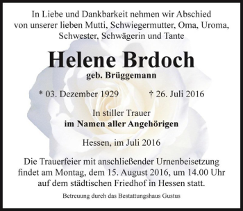 Traueranzeige von Helene Brdoch (geb. Brüggemann)  von Magdeburger Volksstimme