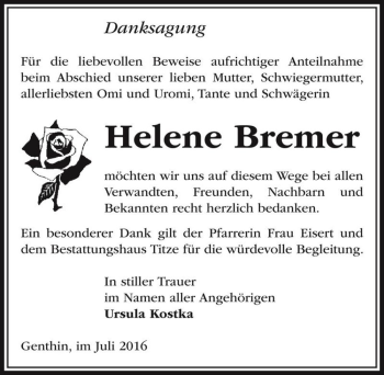 Traueranzeige von Helene Bremer  von Magdeburger Volksstimme