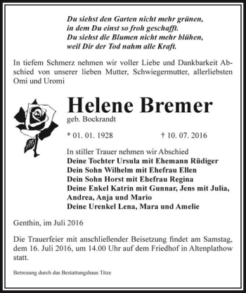 Traueranzeige von Helene Bremer (geb. Bockrandt)  von Magdeburger Volksstimme