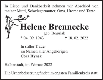 Traueranzeige von Helene Brennecke (geb. Bogulak)  von Magdeburger Volksstimme