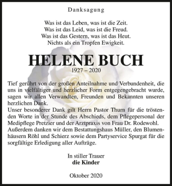 Traueranzeige von Helene Buch  von Magdeburger Volksstimme