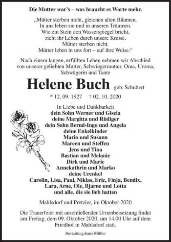 Traueranzeige von Helene Buch (geb. Schubert)  von Magdeburger Volksstimme