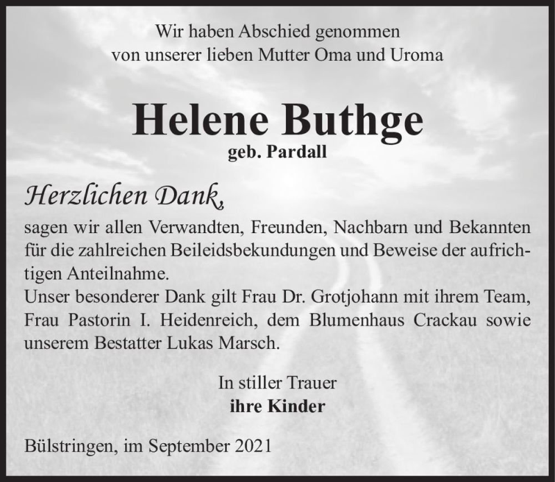  Traueranzeige für Helene Buthge (geb. Pardall)  vom 18.09.2021 aus Magdeburger Volksstimme