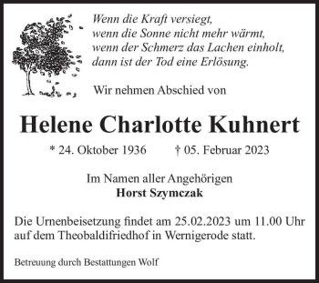 Traueranzeige von Helene Charlotte Kuhnert  von Magdeburger Volksstimme