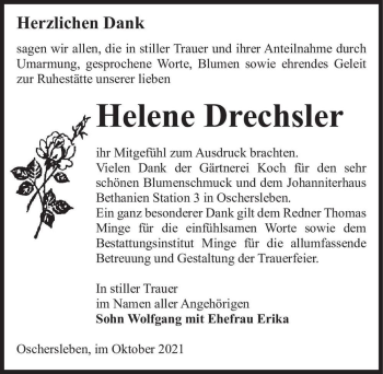 Traueranzeige von Helene Drechsler  von Magdeburger Volksstimme