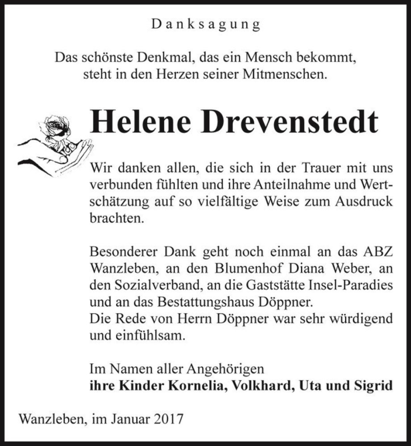  Traueranzeige für Helene Drevenstedt  vom 14.01.2017 aus Magdeburger Volksstimme