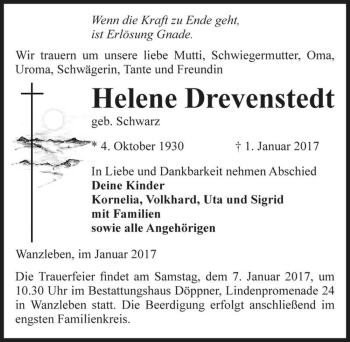 Traueranzeige von Helene Drevenstedt (geb. Schwarz)  von Magdeburger Volksstimme