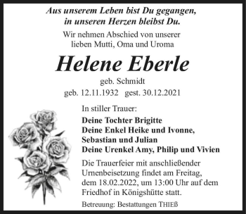 Traueranzeige von Helene Eberle (geb. Schmidt)  von Magdeburger Volksstimme