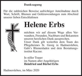 Traueranzeige von Helene Erbs  von Magdeburger Volksstimme