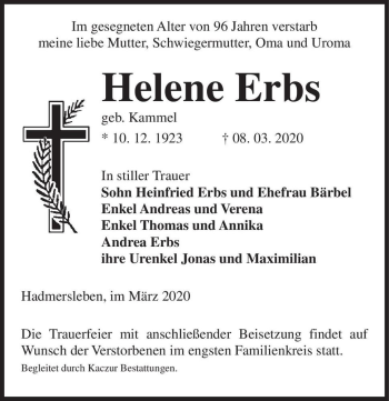 Traueranzeige von Helene Erbs (geb. Kammel)  von Magdeburger Volksstimme