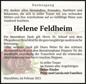 Traueranzeige von Helene Feldheim  von Magdeburger Volksstimme