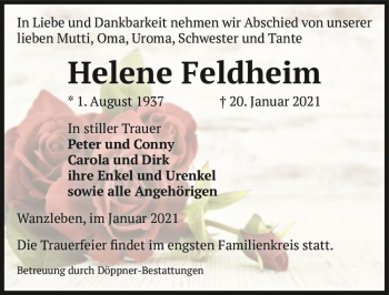 Traueranzeige von Helene Feldheim  von Magdeburger Volksstimme