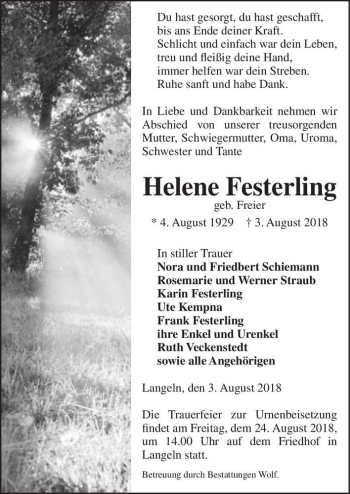 Traueranzeige von Helene Festerling (geb. Freier)  von Magdeburger Volksstimme