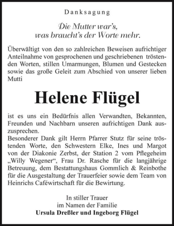 Traueranzeige von Helene Flügel  von Magdeburger Volksstimme