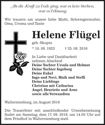 Traueranzeige von Helene Flügel (geb. Skupin)  von Magdeburger Volksstimme