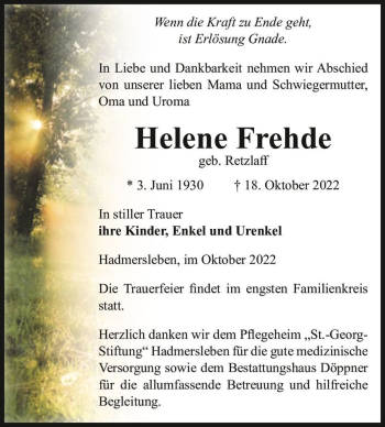 Traueranzeige von Helene Frehde (geb. Retzlaff)  von Magdeburger Volksstimme