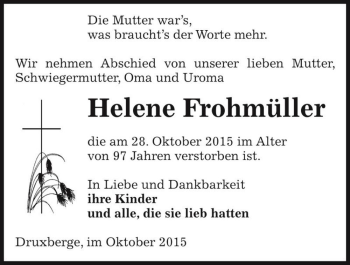 Traueranzeige von Helene Frohmüller  von Magdeburger Volksstimme