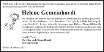 Traueranzeige von Helene Gemeinhardt  von Magdeburger Volksstimme