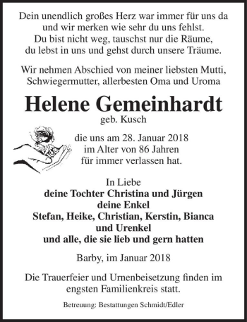 Traueranzeige von Helene Gemeinhardt (geb. Kusch)  von Magdeburger Volksstimme