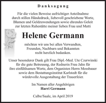 Traueranzeige von Helene Germann  von Magdeburger Volksstimme