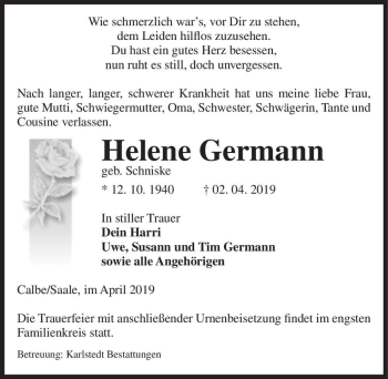 Traueranzeige von Helene Germann (geb. Schniske)  von Magdeburger Volksstimme