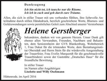 Traueranzeige von Helene Gerstberger  von Magdeburger Volksstimme