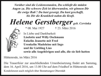 Traueranzeige von Helene Gerstberger (geb. Cervinka)  von Magdeburger Volksstimme