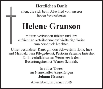 Traueranzeige von Helene Granson  von Magdeburger Volksstimme