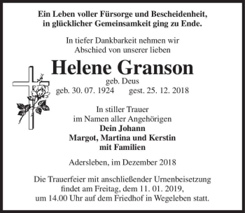 Traueranzeige von Helene Granson (geb. Deus)  von Magdeburger Volksstimme