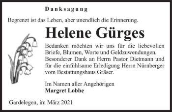 Traueranzeige von Helene Gürges  von Magdeburger Volksstimme