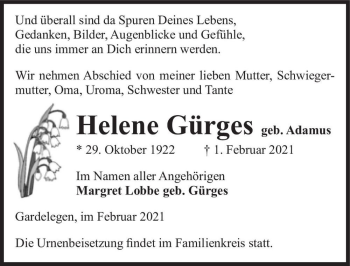 Traueranzeige von Helene Gürges (geb. Adamus)  von Magdeburger Volksstimme