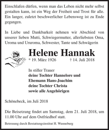 Traueranzeige von Helene Hannak  von Magdeburger Volksstimme