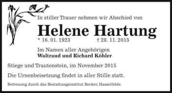 Traueranzeige von Helene Hartung  von Magdeburger Volksstimme