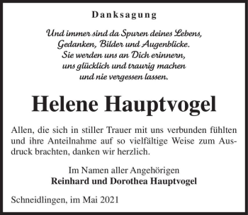 Traueranzeige von Helene Hauptvogel  von Magdeburger Volksstimme