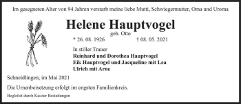 Traueranzeige von Helene Hauptvogel (geb. Otto)  von Magdeburger Volksstimme