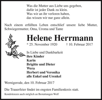 Traueranzeige von Helene Herrmann  von Magdeburger Volksstimme