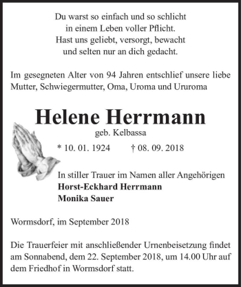 Traueranzeige von Helene Herrmann (geb. Kelbassa)  von Magdeburger Volksstimme