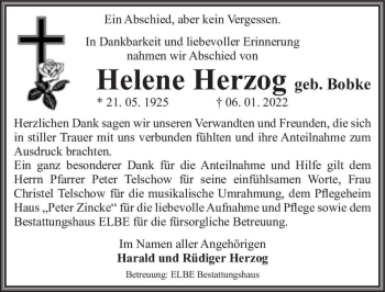 Traueranzeige von Helene Herzog (geb. Bobke)  von Magdeburger Volksstimme