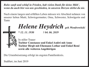 Traueranzeige von Helene Heydrich (geb. Wendrowitzki)  von Magdeburger Volksstimme
