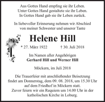 Traueranzeige von Helene Hill  von Magdeburger Volksstimme