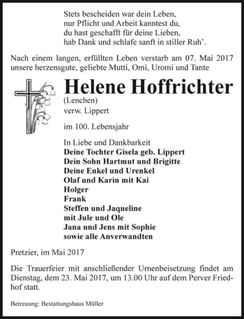 Traueranzeige von Helene Hoffrichter (Lenchen, verw. Lippert)  von Magdeburger Volksstimme
