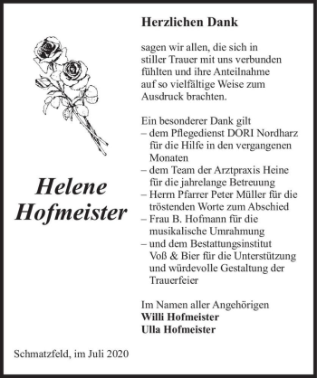 Traueranzeige von Helene Hofmeister  von Magdeburger Volksstimme