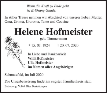Traueranzeige von Helene Hofmeister (geb. Timmermann)  von Magdeburger Volksstimme