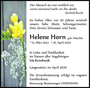 Traueranzeige von Helene Horn (geb. Mitschke)  von Magdeburger Volksstimme