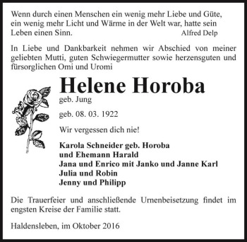 Traueranzeige von Helene Horoba (geb. Jung)  von Magdeburger Volksstimme