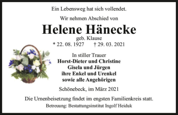 Traueranzeige von Helene Hänecke (geb. Klause)  von Magdeburger Volksstimme