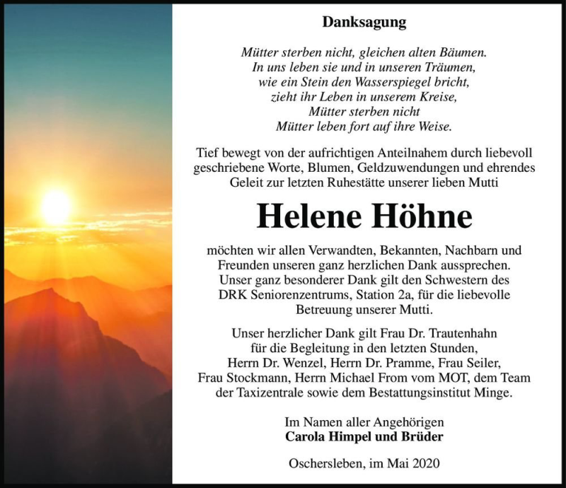  Traueranzeige für Helene Höhne  vom 23.05.2020 aus Magdeburger Volksstimme